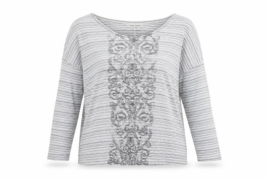 Peruvian Connection Women’s Grey Striped Embroidered Cotton Long Sleeve Top M