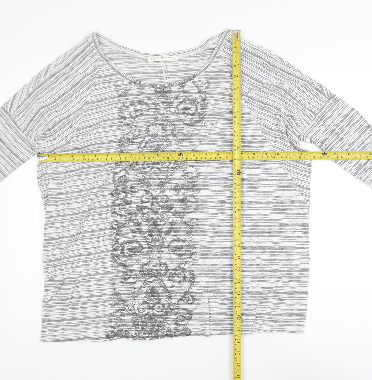 Peruvian Connection Women’s Grey Striped Embroidered Cotton Long Sleeve Top M