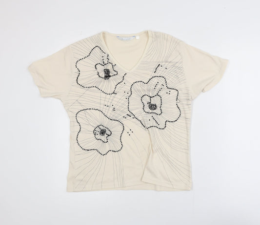 Award Women’s Beige Floral Beaded V-Neck Short Sleeve T-Shirt M