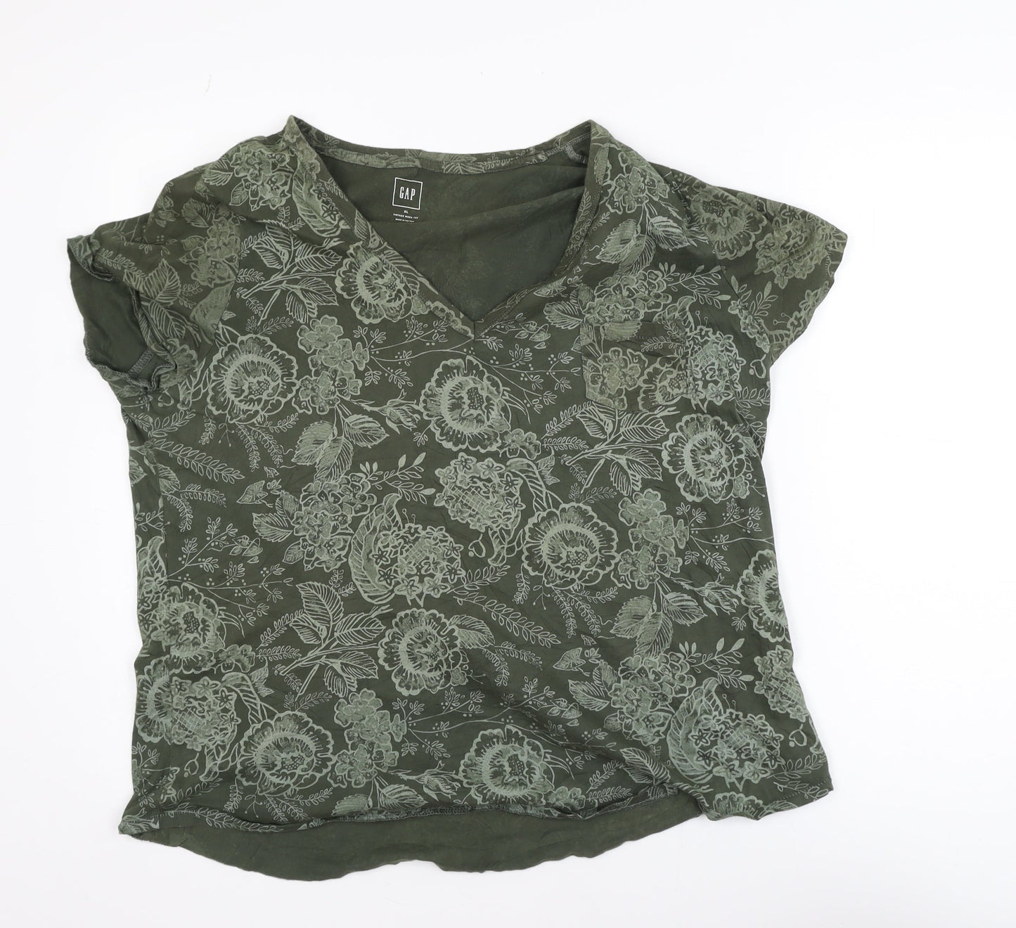 GAP Womens Green Floral V-Neck Short Sleeve T-Shirt XL