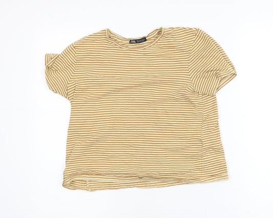 Zara Women Beige Striped Short Sleeve Cotton T-Shirt Size S