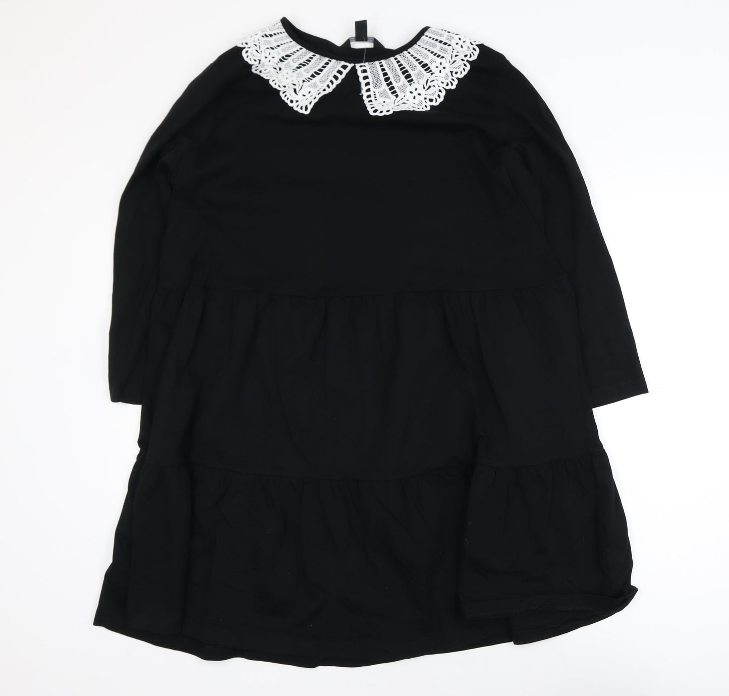 New Look Women's Black Shift Dress Size 14 Crochet Collar Long Sleeve