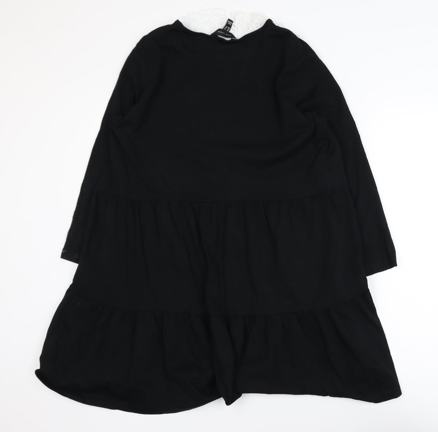New Look Women's Black Shift Dress Size 14 Crochet Collar Long Sleeve
