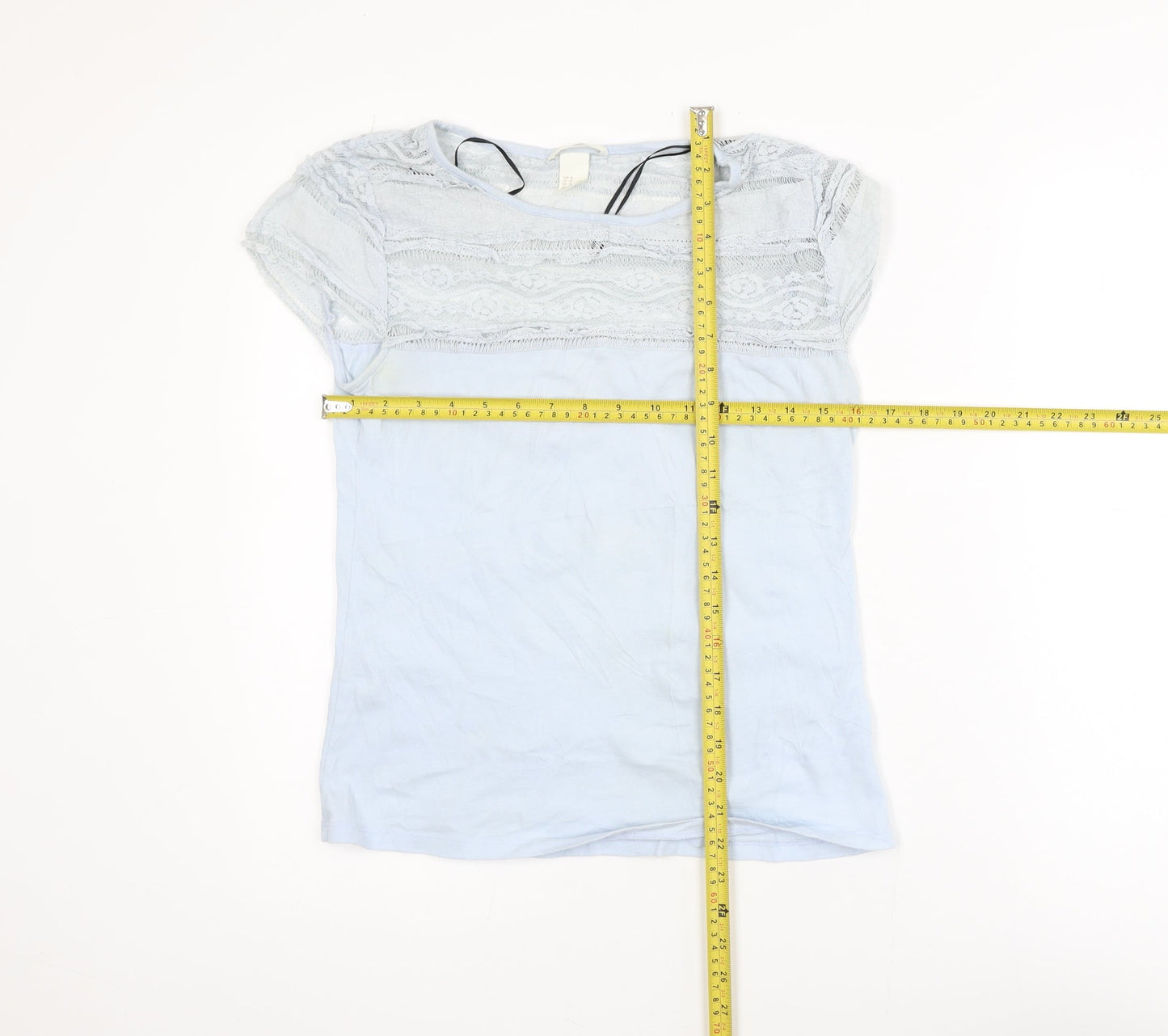 H&M Women’s Blue Lace Panel Short Sleeve Cotton T-Shirt Size 12