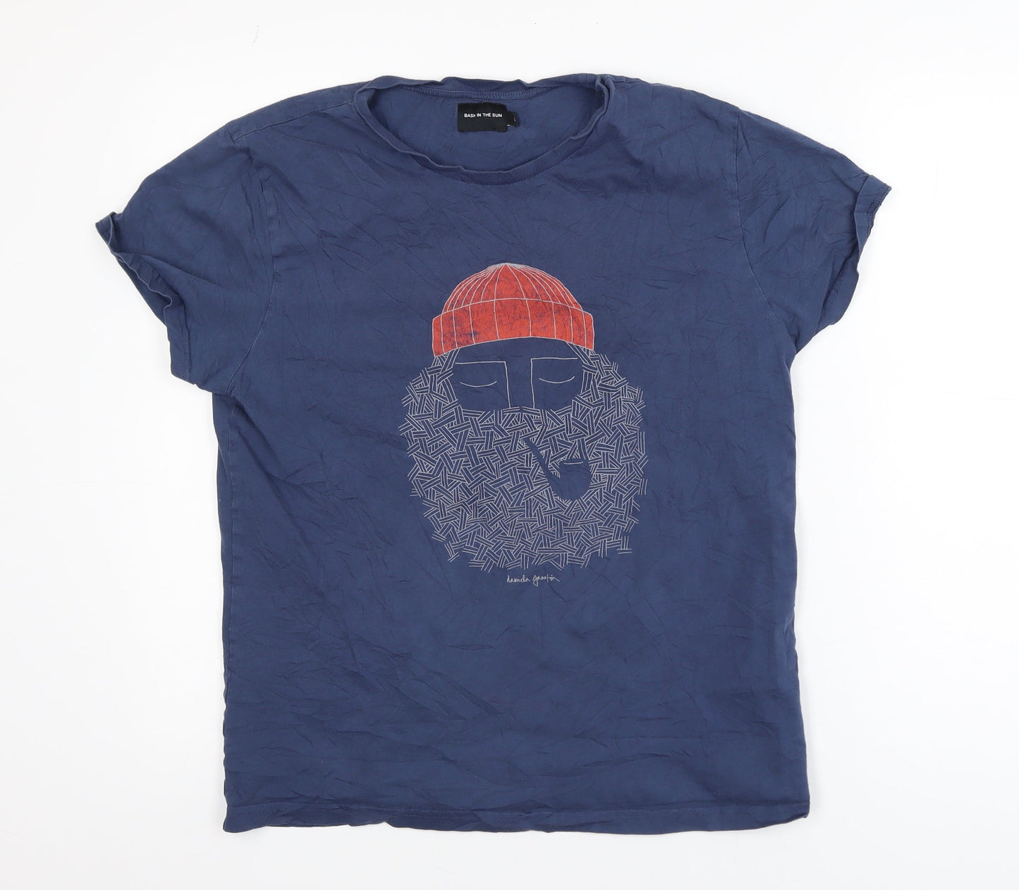 Bask In The Sun Men's Blue Graphic Beard T-Shirt Size M Organic Cotton