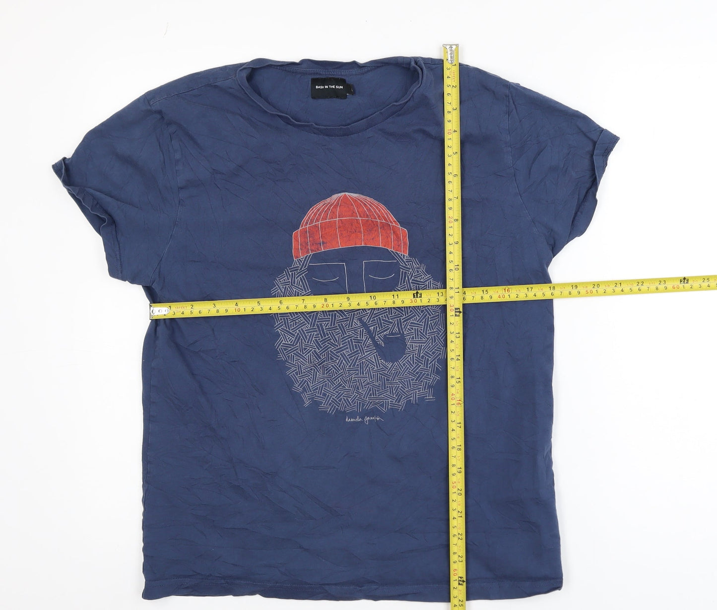 Bask In The Sun Men's Blue Graphic Beard T-Shirt Size M Organic Cotton
