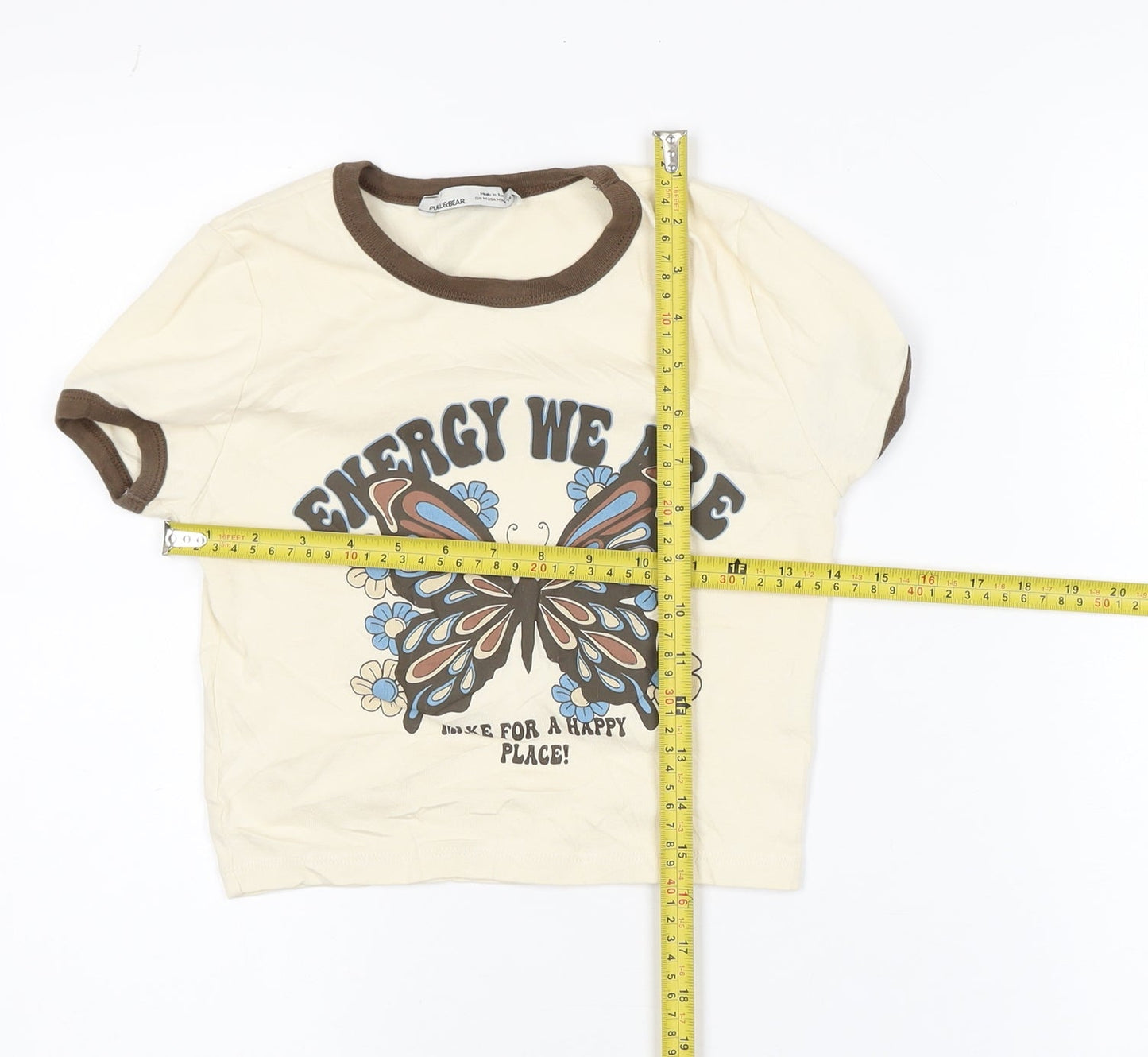 Pull & Bear Womens Beige Butterfly Ringer T-Shirt Size M