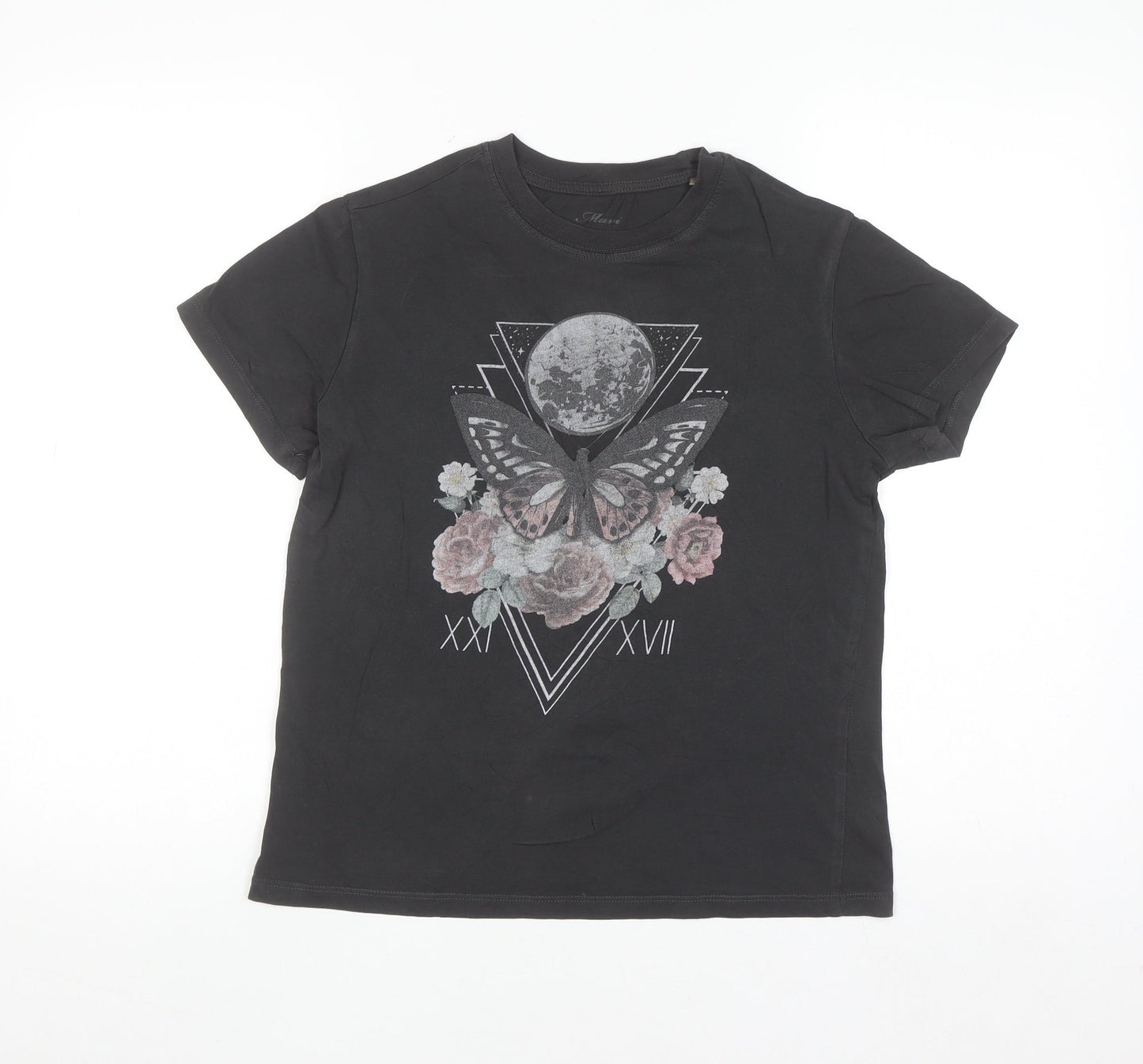 Ilani Womens Black Butterfly Moon Graphic Short Sleeve T-Shirt Size S