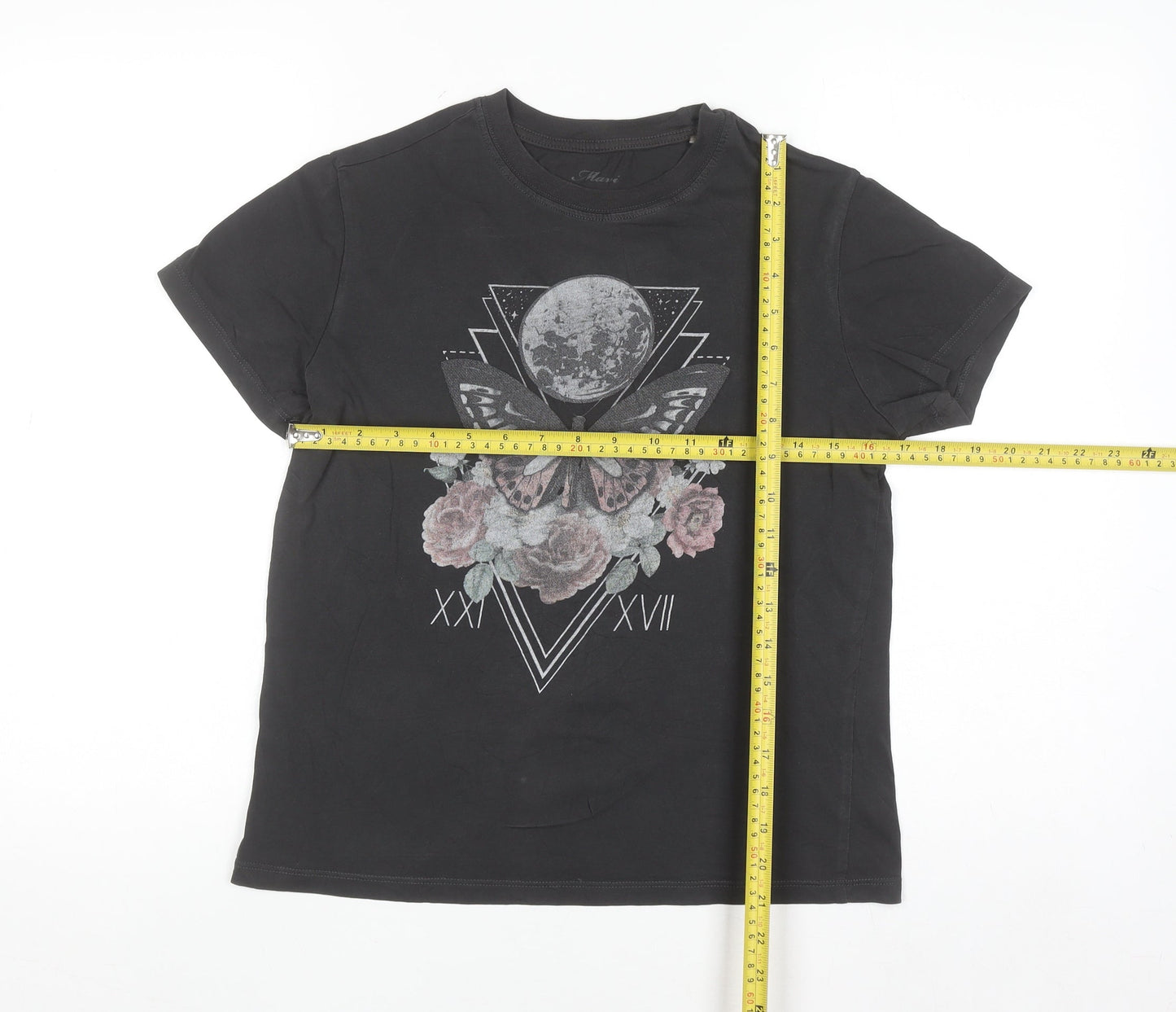 Ilani Womens Black Butterfly Moon Graphic Short Sleeve T-Shirt Size S