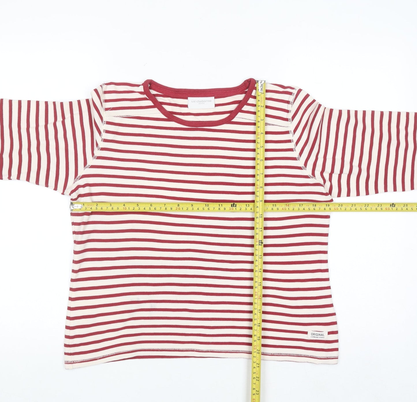 Liz Claiborne Women Red Striped Long Sleeve Cotton T-Shirt Petite M