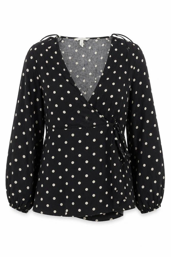 H&M Women’s Black Polka Dot Wrap Blouse Size M Long Sleeve V-Neck