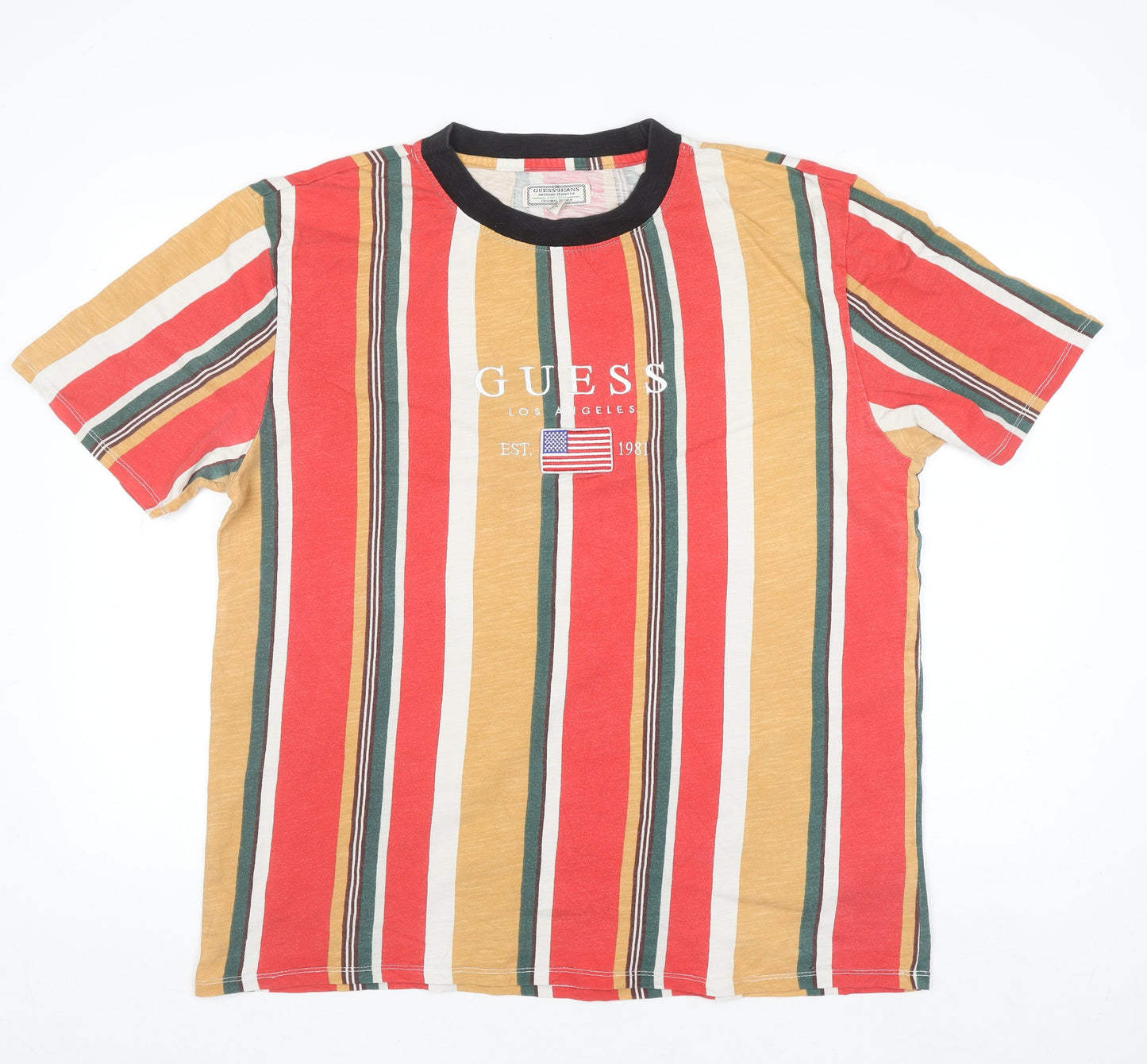 Guess Men's Multicoloured Striped Crew Neck Cotton T-Shirt Size L