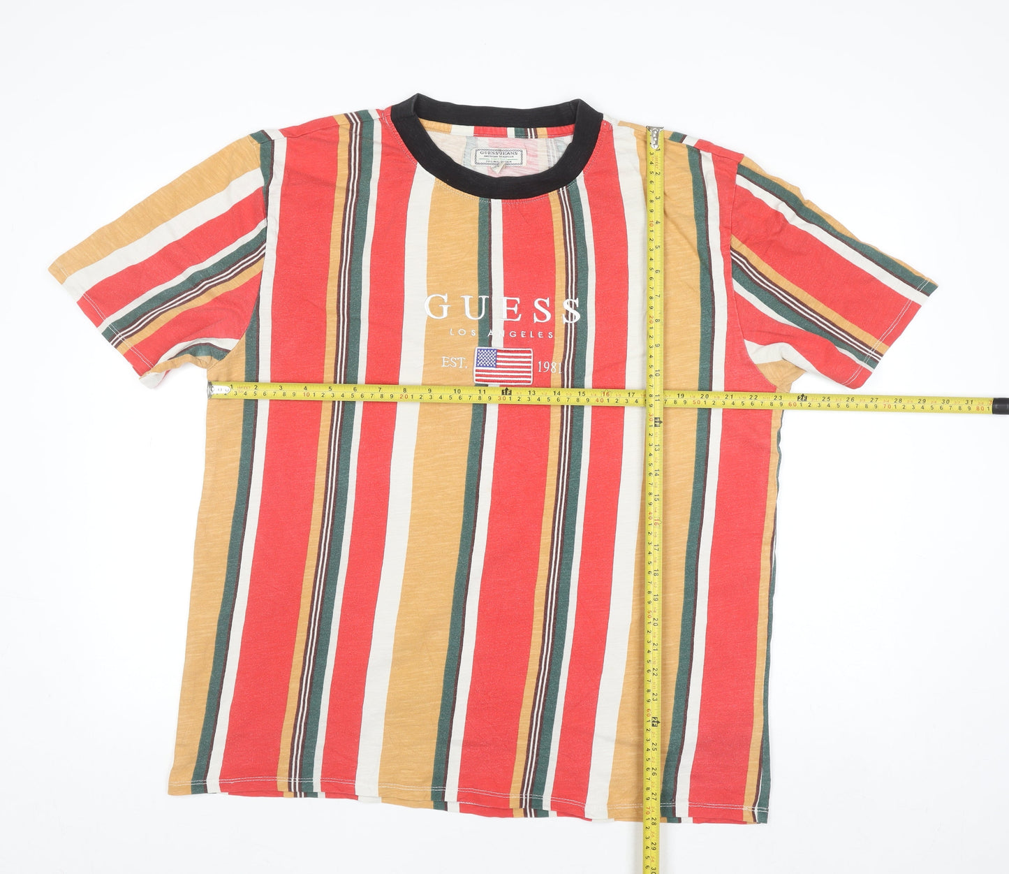 Guess Men's Multicoloured Striped Crew Neck Cotton T-Shirt Size L
