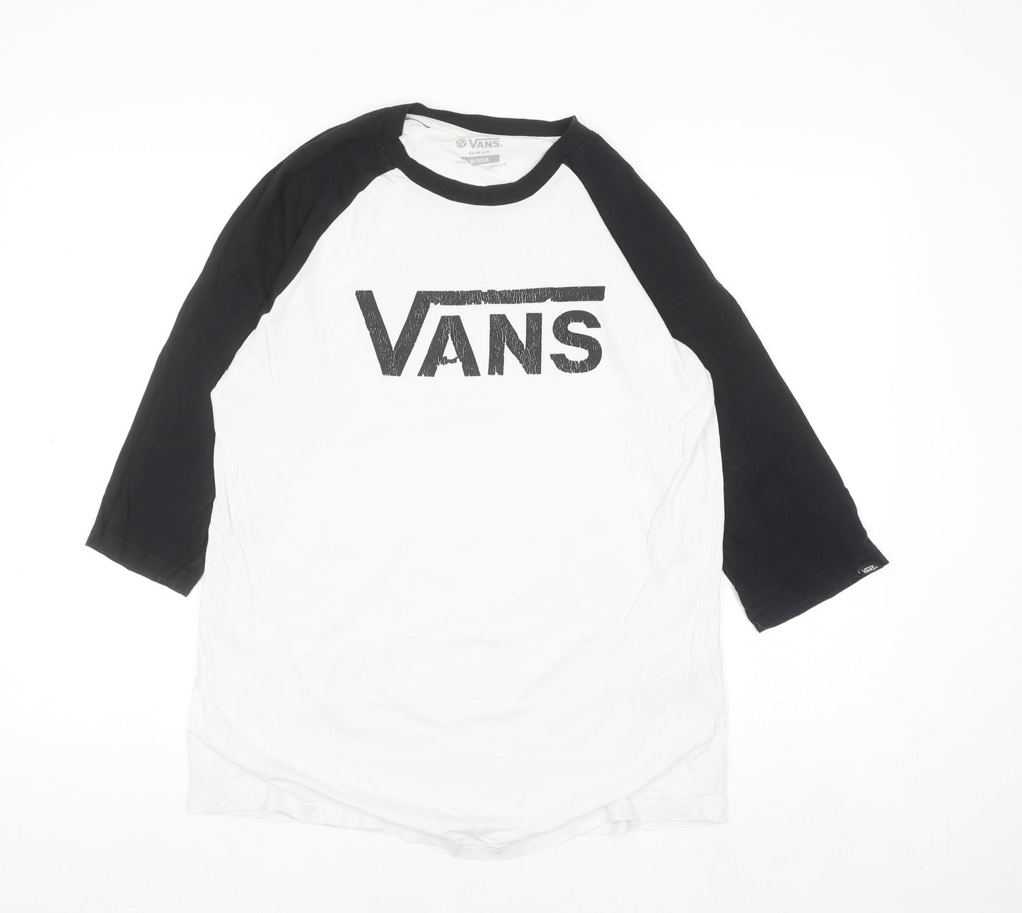 Vans Men’s Black & White Slim Fit 3/4 Sleeve Cotton Baseball Top Size M