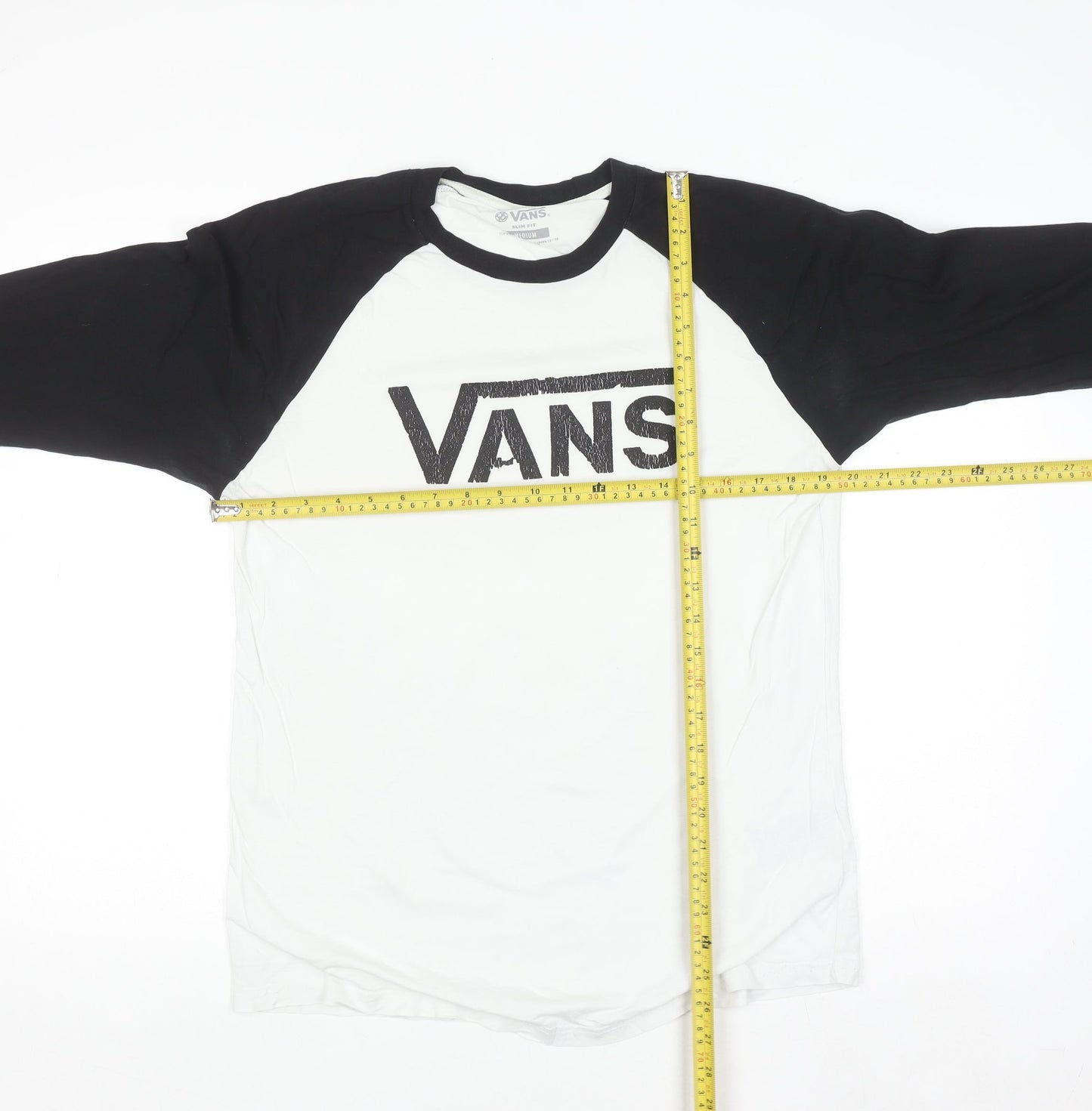 Vans Men’s Black & White Slim Fit 3/4 Sleeve Cotton Baseball Top Size M
