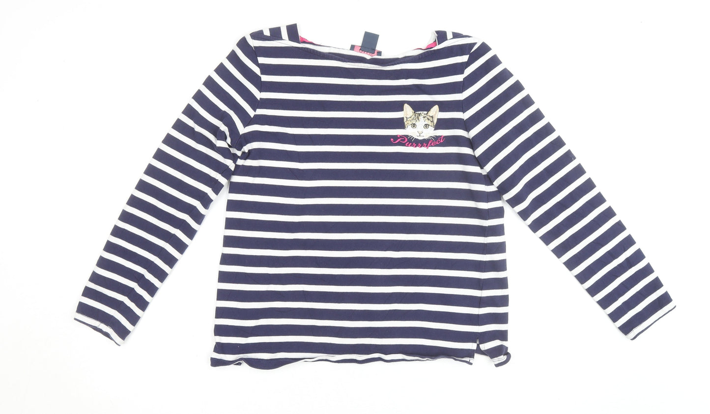 Oasis Womens Blue Striped Long Sleeve Cat Embroidered T-Shirt Size M