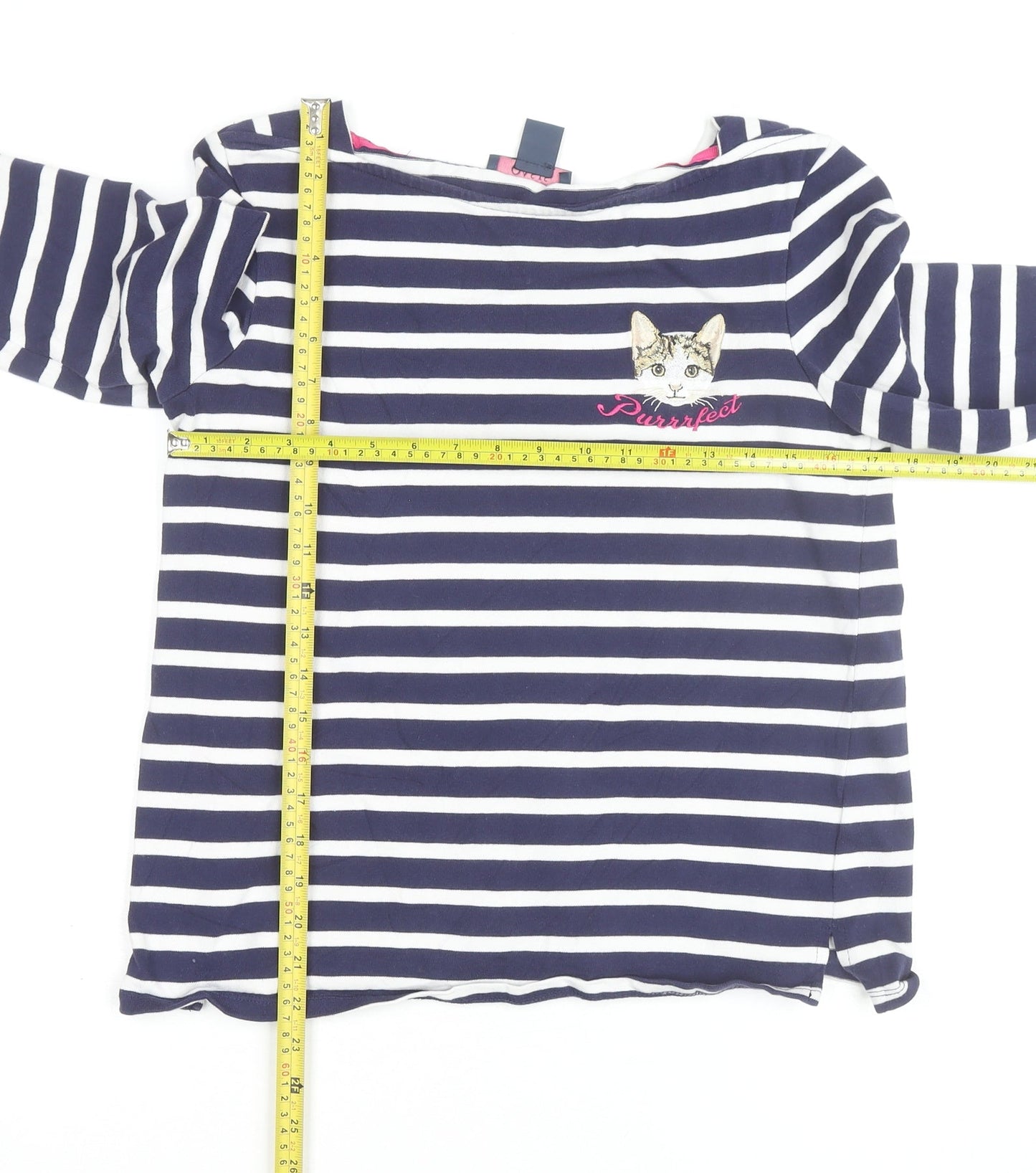 Oasis Womens Blue Striped Long Sleeve Cat Embroidered T-Shirt Size M