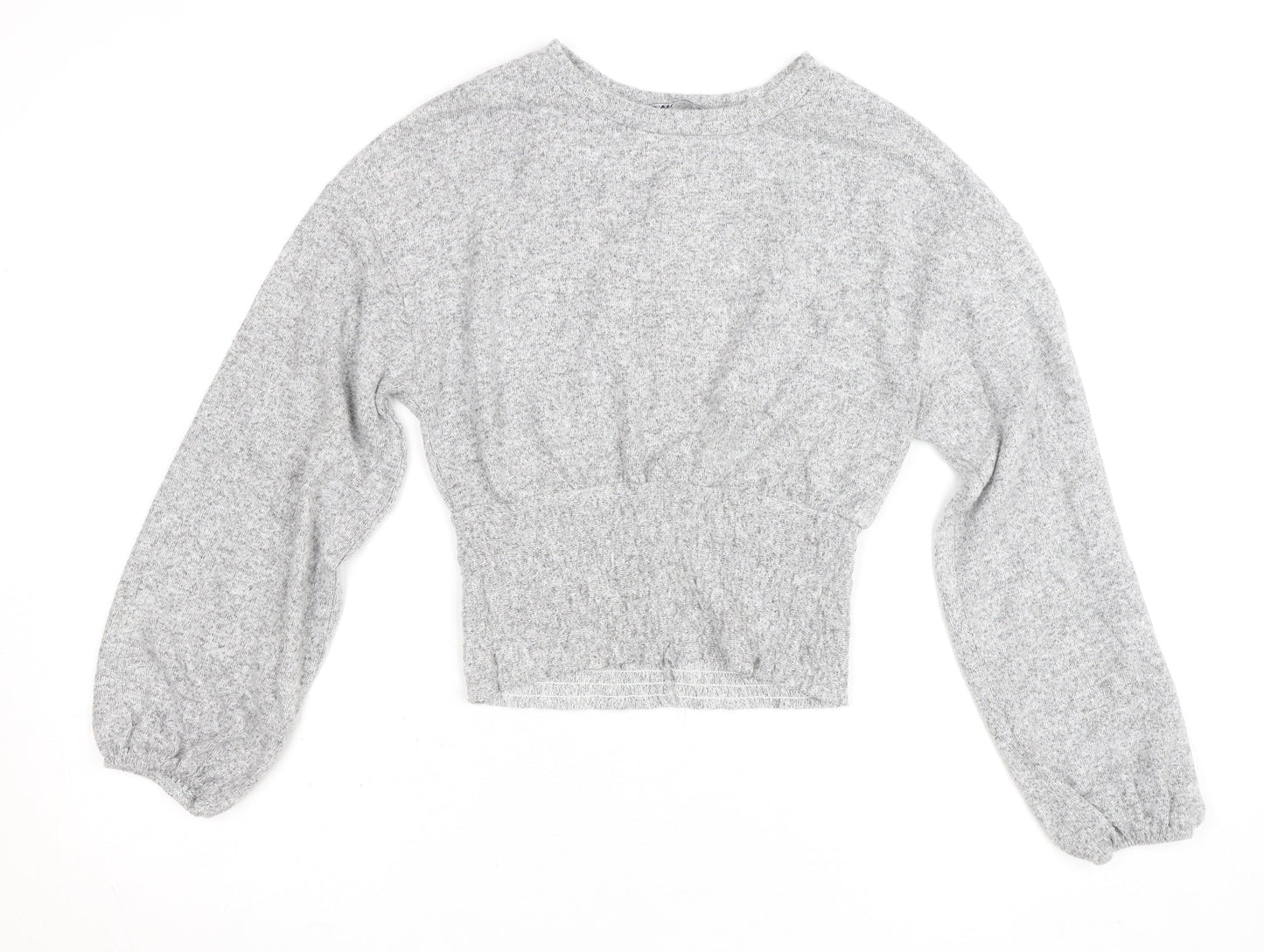 Zara Women Grey Cropped Knit Crew Neck Long Sleeve Blouse S