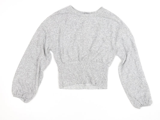 Zara Women Grey Cropped Knit Crew Neck Long Sleeve Blouse S