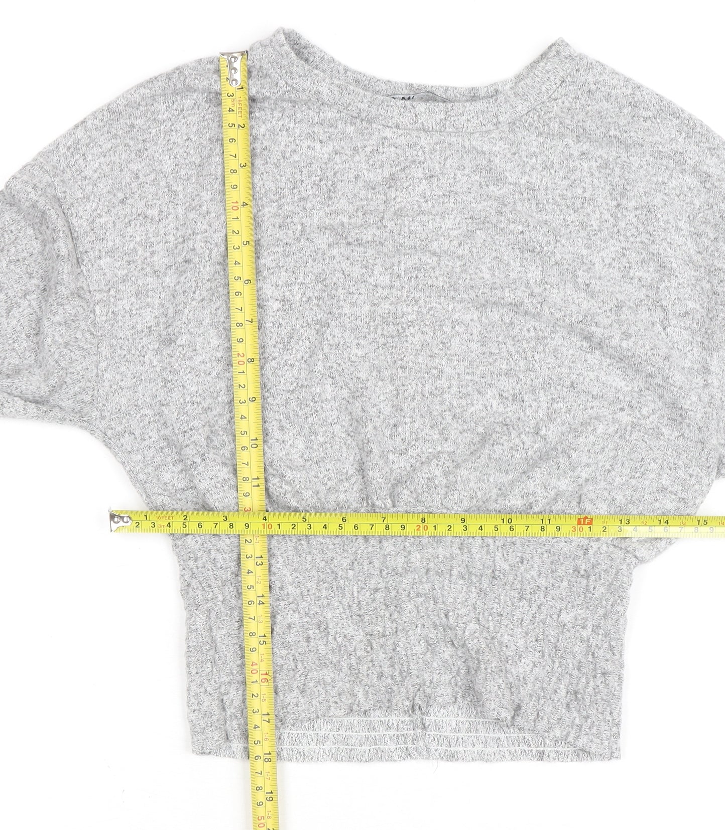 Zara Women Grey Cropped Knit Crew Neck Long Sleeve Blouse S