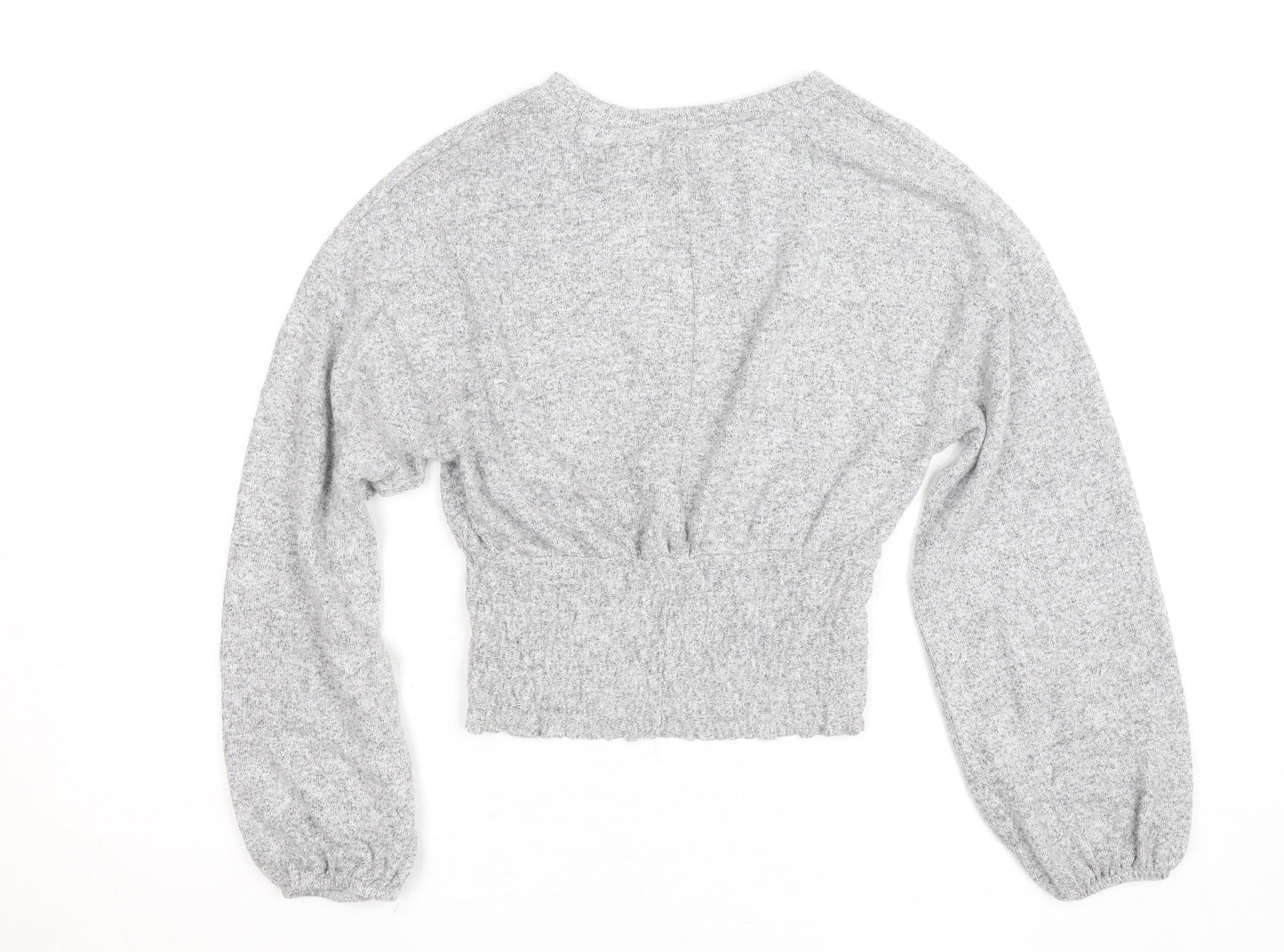 Zara Women Grey Cropped Knit Crew Neck Long Sleeve Blouse S