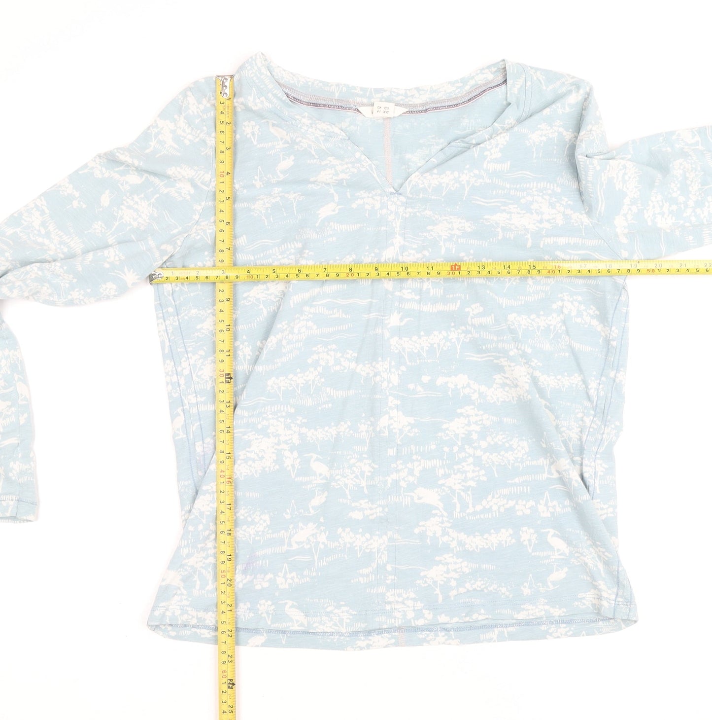 White Stuff Women's Blue Floral Jersey V-Neck Long Sleeve Cotton T-Shirt UK 14