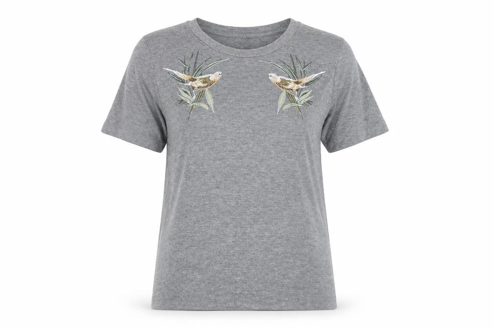 Warehouse Women’s Grey Embroidered Bird Cotton Blend T-Shirt Size 12