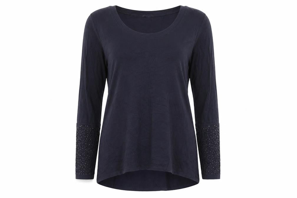 Joan Vass Studio Women Navy Long Sleeve Embellished Top L