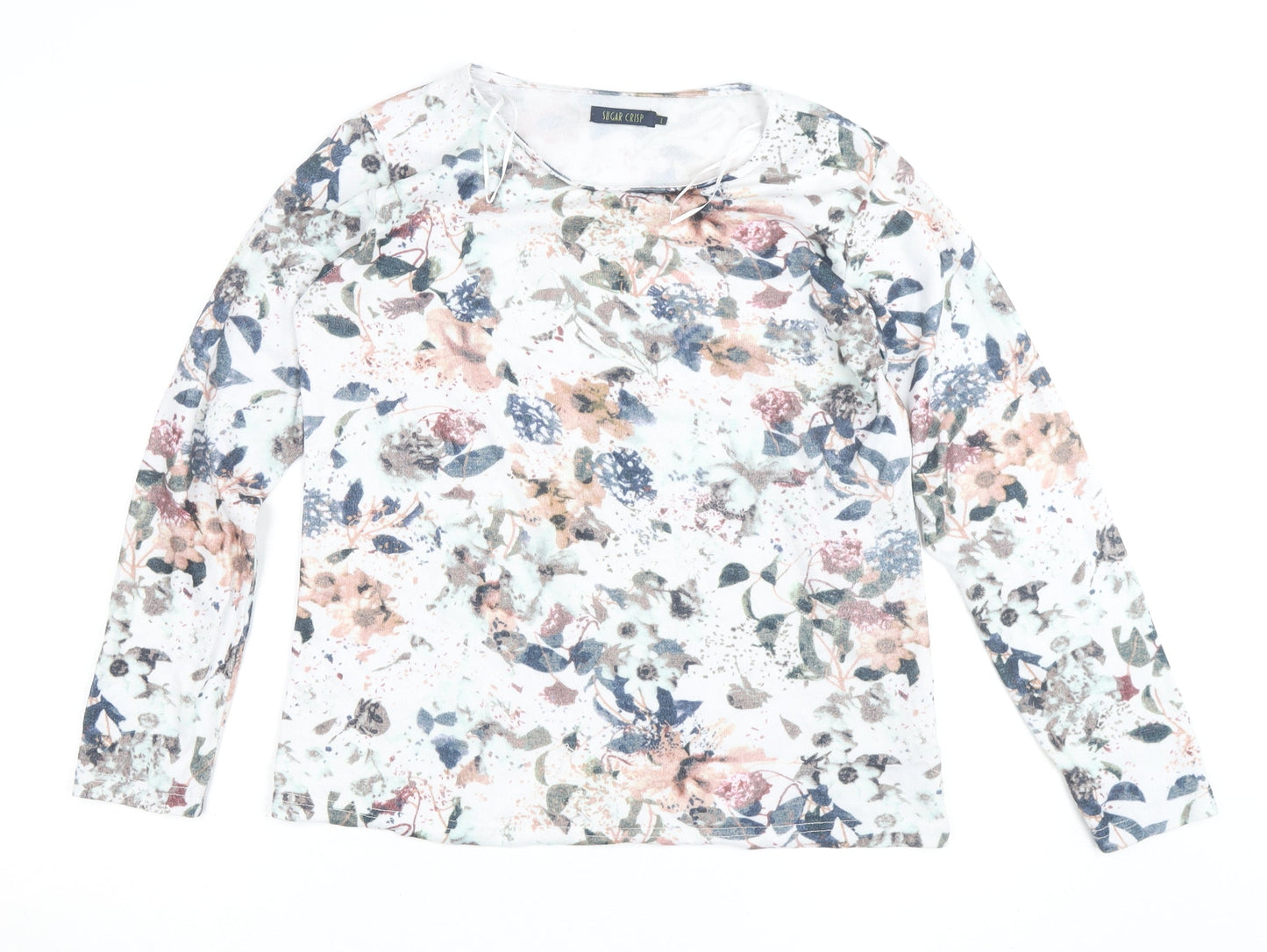 Sugar Crisp Womens Floral Long Sleeve Jersey Top Size L White Multicoloured