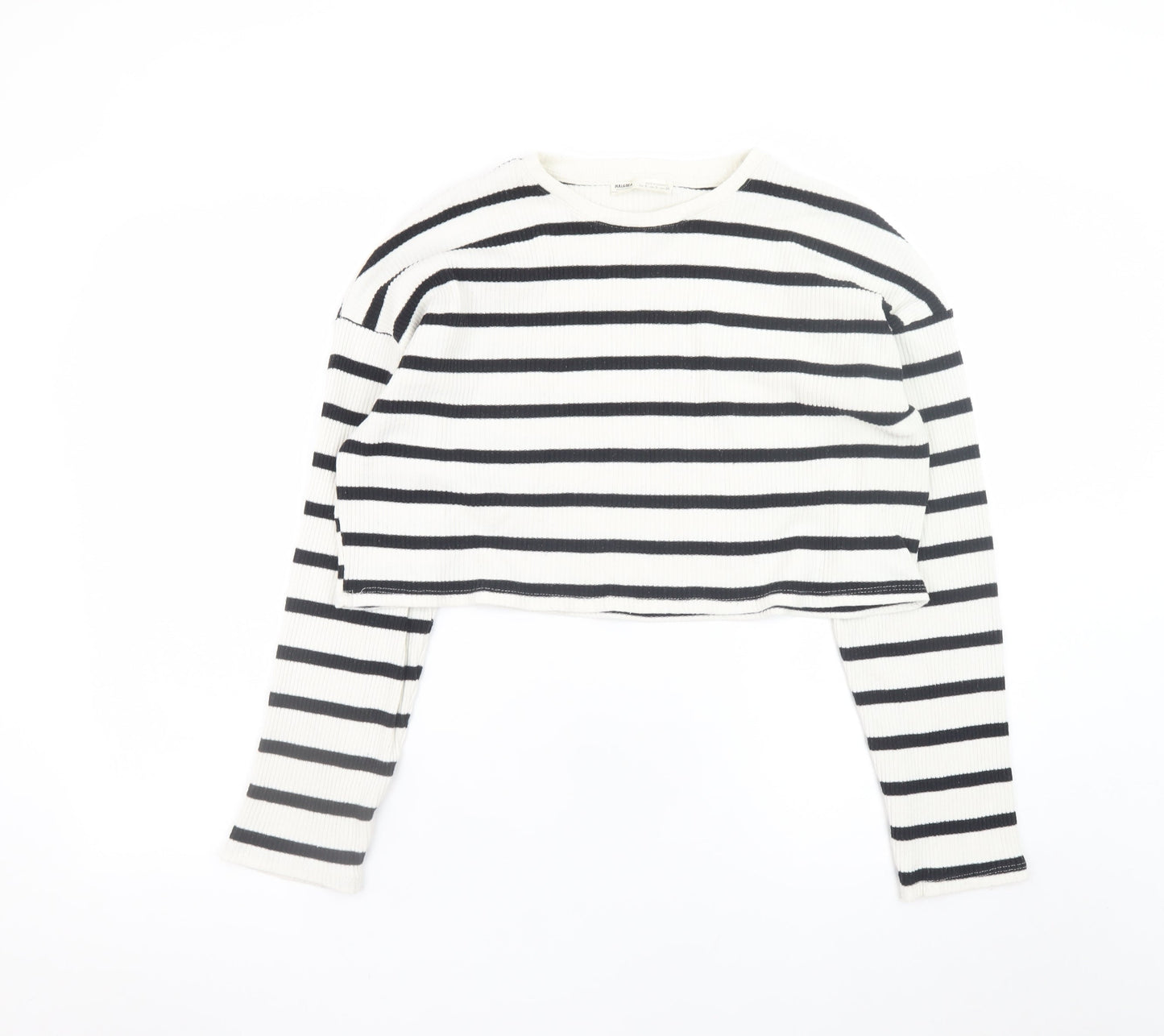 Pull & Bear Womens Black White Striped Cropped Long Sleeve Top Size S