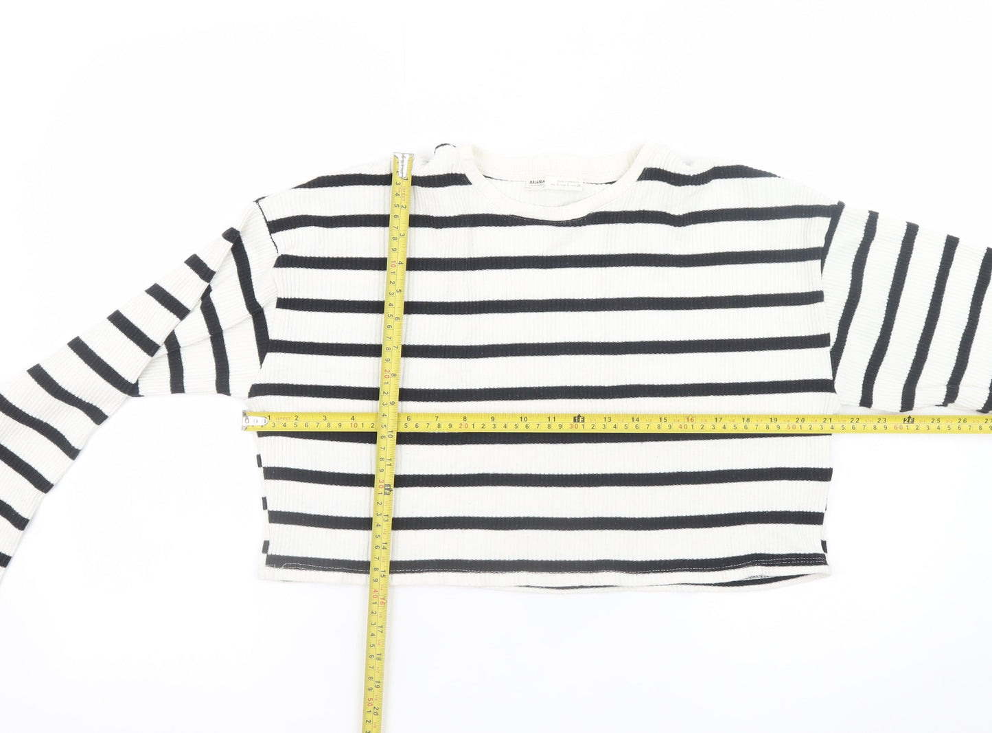 Pull & Bear Womens Black White Striped Cropped Long Sleeve Top Size S