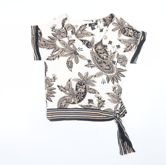 Wallis Womens Beige Floral Wrap Tie Blouse Short Sleeve Size S