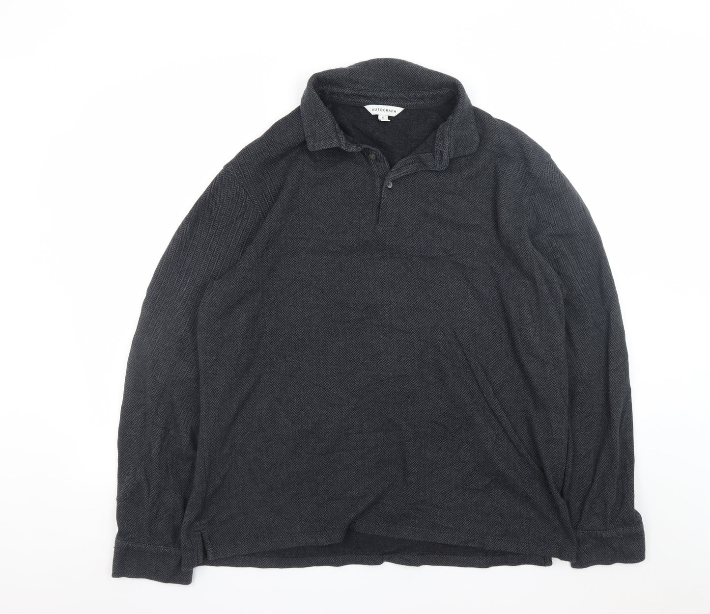 Marks and Spencer Men’s Black Herringbone Long Sleeve Polo XL