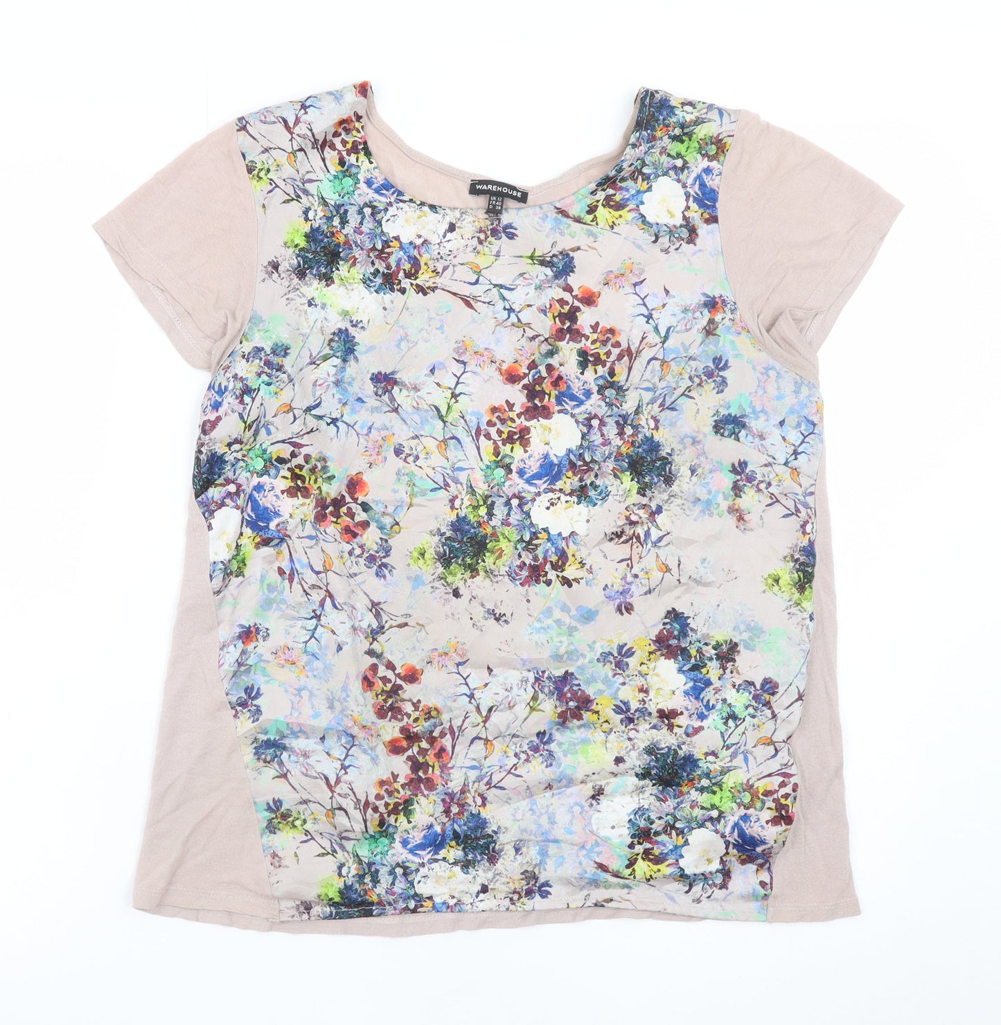 Warehouse Women’s Beige Floral Short Sleeve Viscose T-Shirt Size 12
