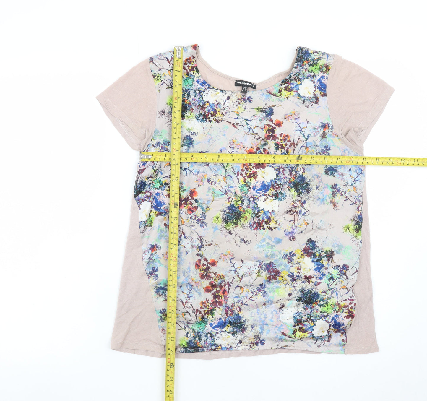 Warehouse Women’s Beige Floral Short Sleeve Viscose T-Shirt Size 12