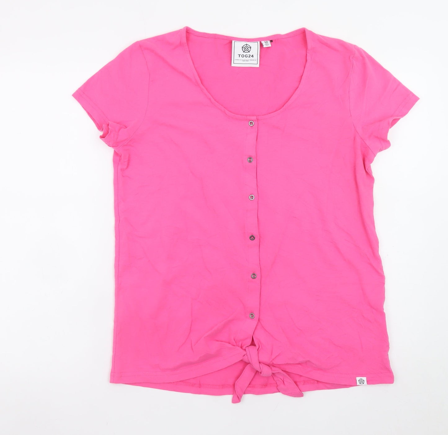 TOG24 Womens Pink Cotton Button Front Scoop Neck T-Shirt Size 12