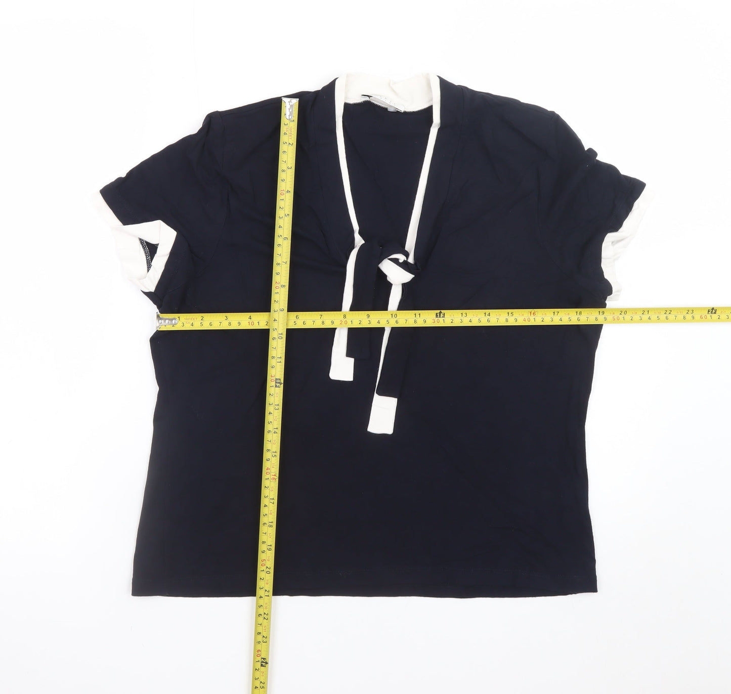 Precis Petite Women’s Blue Short Sleeve Tie Neck Blouse L