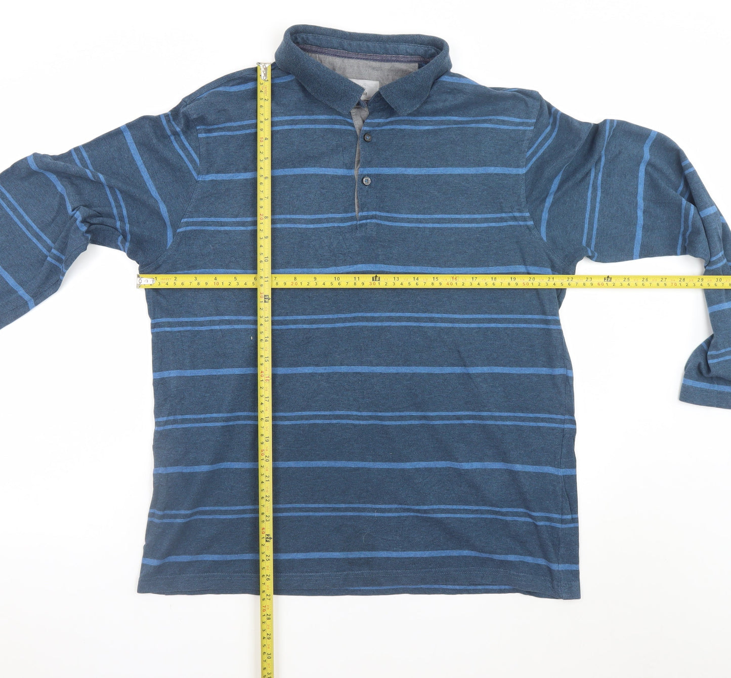 Marks and Spencer Men's Blue Striped Long Sleeve Cotton Polo Medium