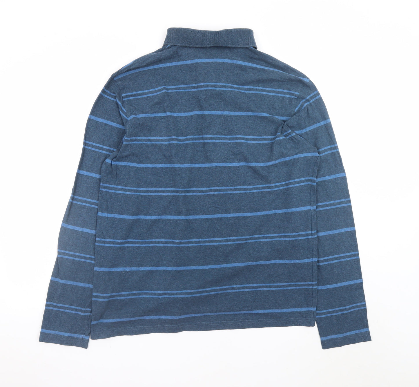 Marks and Spencer Men's Blue Striped Long Sleeve Cotton Polo Medium