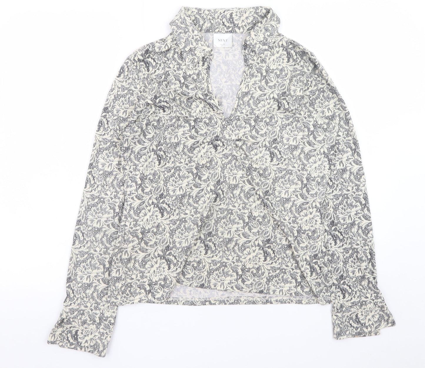 Next Women’s Grey Floral Ruffle Tunic Blouse UK 14 Long Sleeve