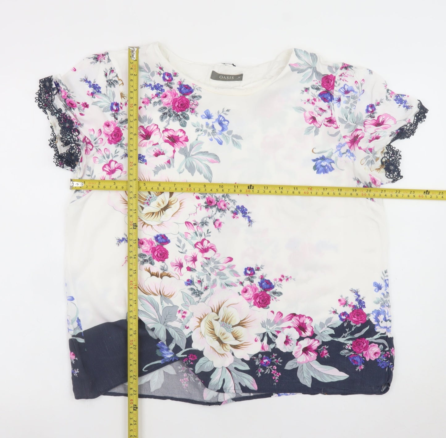 Oasis Women's Floral Short Sleeve Blouse White Multi UK 16 Viscose Lace Trim