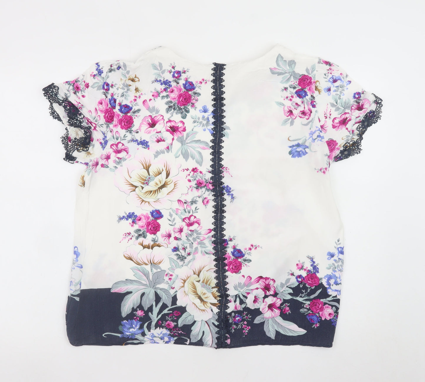Oasis Women's Floral Short Sleeve Blouse White Multi UK 16 Viscose Lace Trim