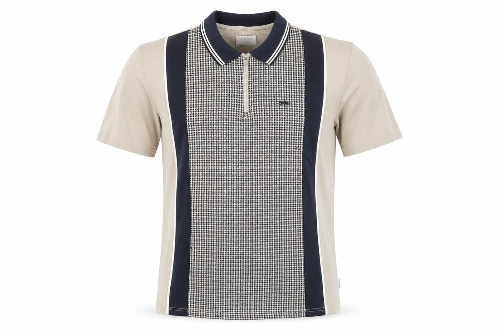 Easy Mens Beige and Navy Houndstooth Polo T-Shirt Size L Cotton Retro