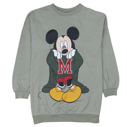 Front view of H&M Disney Women's Khaki Mickey Mouse Cotton Pullover Sweatshirt, size S