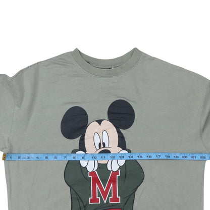 Back view of H&M Disney Women's Khaki Mickey Mouse Cotton Pullover Sweatshirt, size S