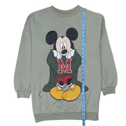 Close-up detail of H&M Disney Women's Khaki Mickey Mouse Cotton Pullover Sweatshirt, size S