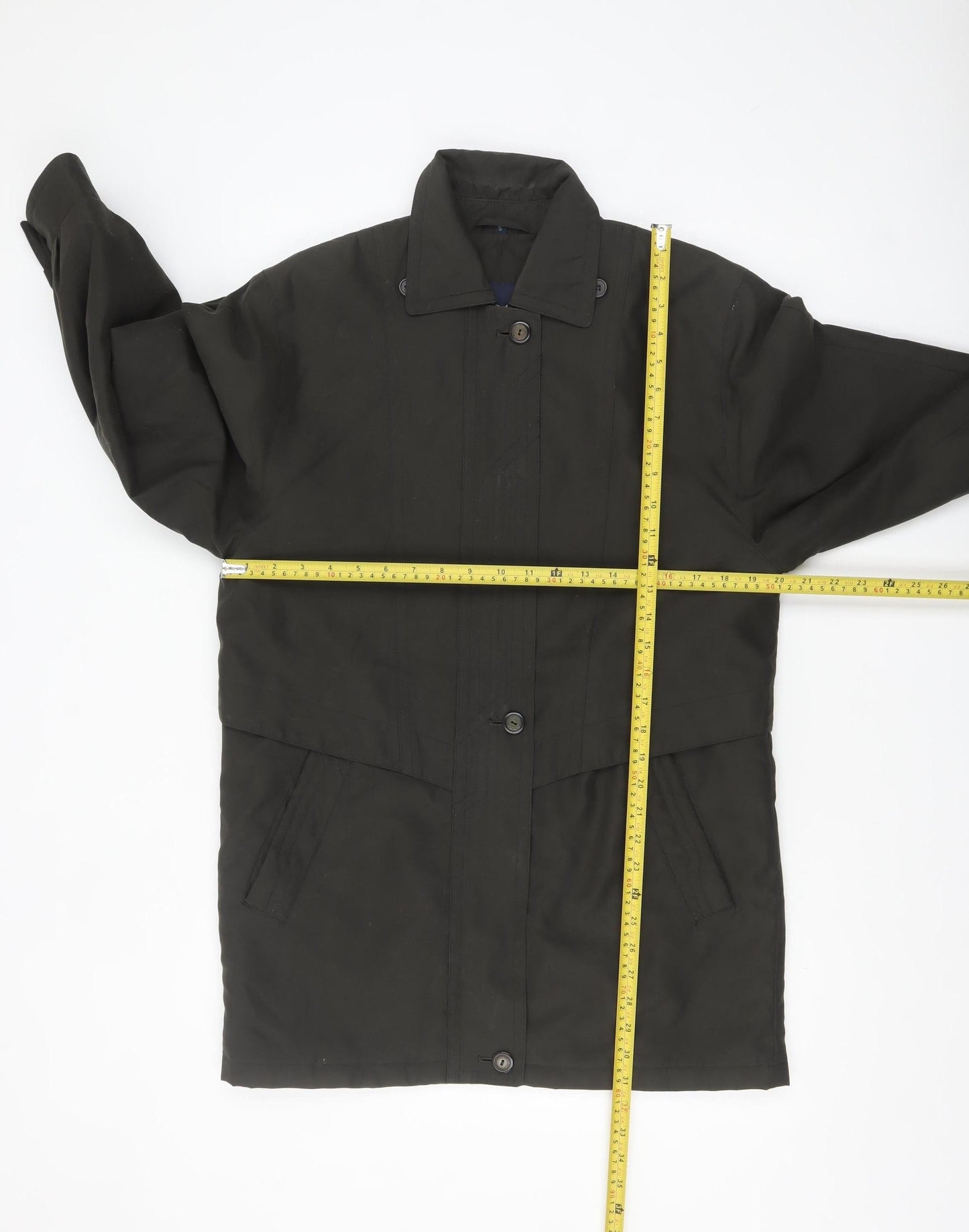 Telemac Men's Black Mid-Length Overcoat Size S with Button Fastening