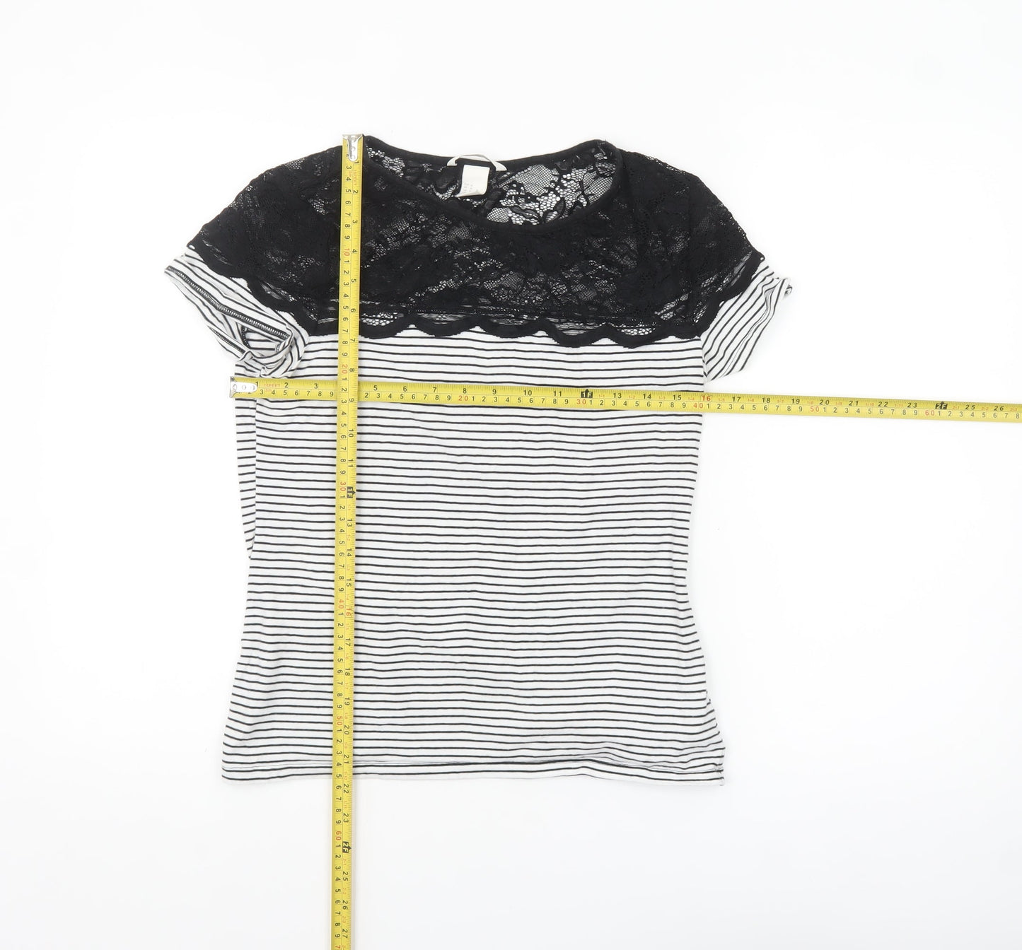 H&M Women Black Striped Lace Short Sleeve Cotton T-Shirt Size 12