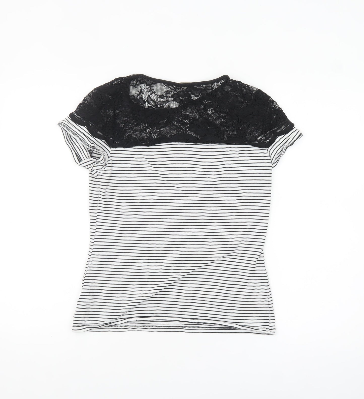 H&M Women Black Striped Lace Short Sleeve Cotton T-Shirt Size 12