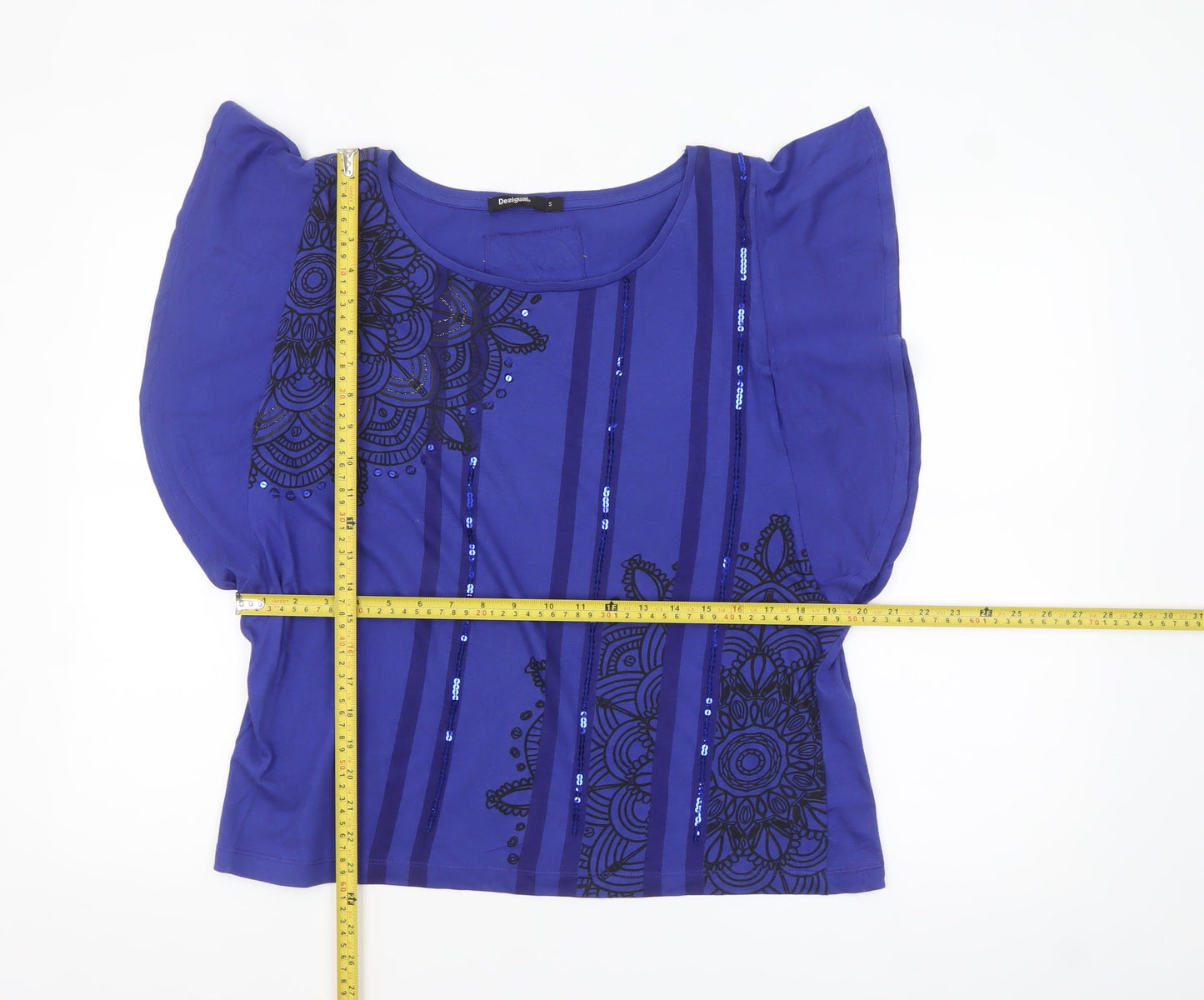 Desigual Women Blue Sequin Floral Cotton T-Shirt Size S